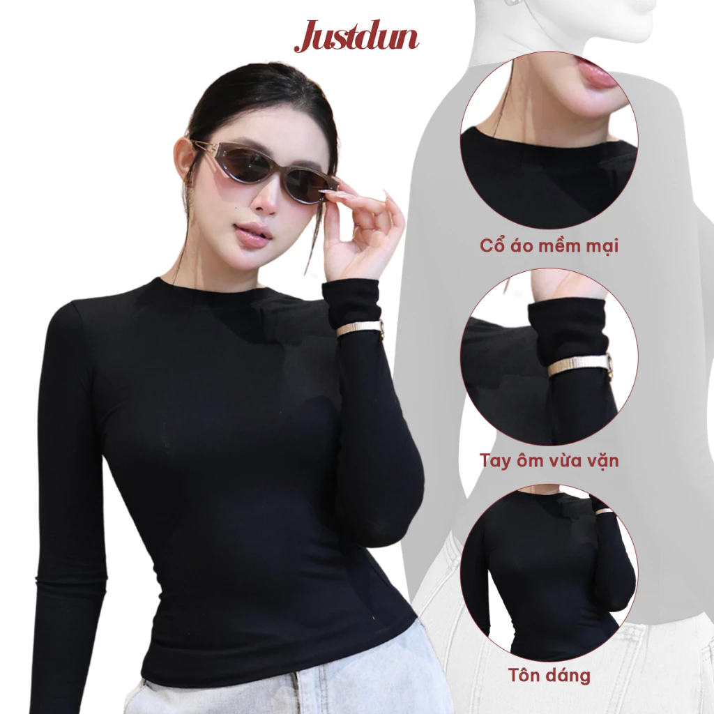 Áo Thun Nữ Dài Tay JUSTDUN A8 Cổ Tròn, Cotton Mịn Dày Dặn, Siêu Co Giãn Mềm Mại, Tôn Dáng