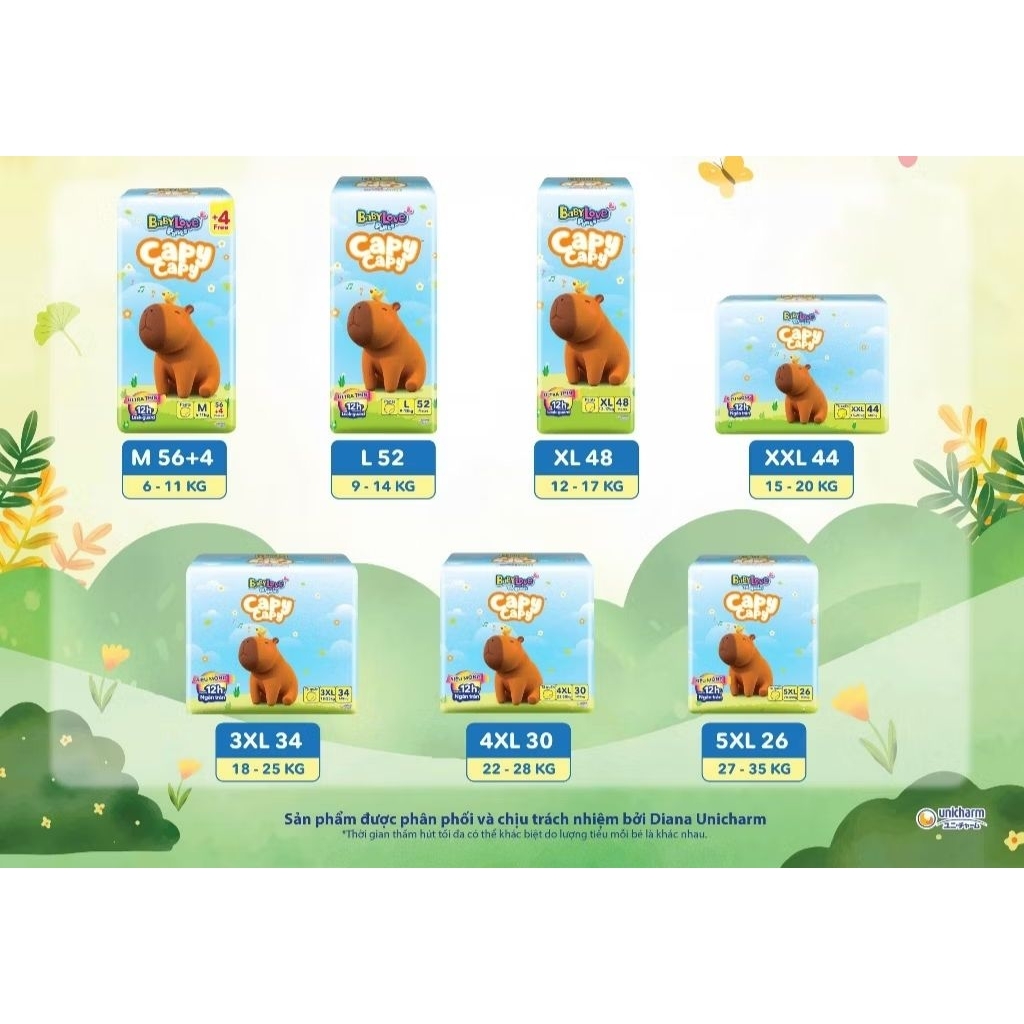 [Chính hãng unicharm] Tã quần Baby love Capy size L52, XL48, XXL44, XXXL34, 4XL30,5XL26