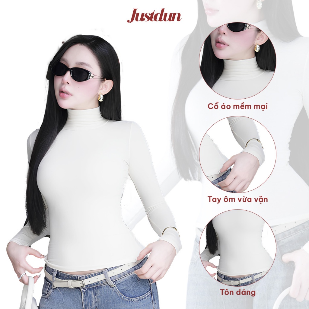 Áo Thun Ôm Body Giữ Nhiệt Cổ Cao 8 Phân, Tay Dài JUSTDUN C20 – Chất Cotton Dày Dặn, Tôn Dáng