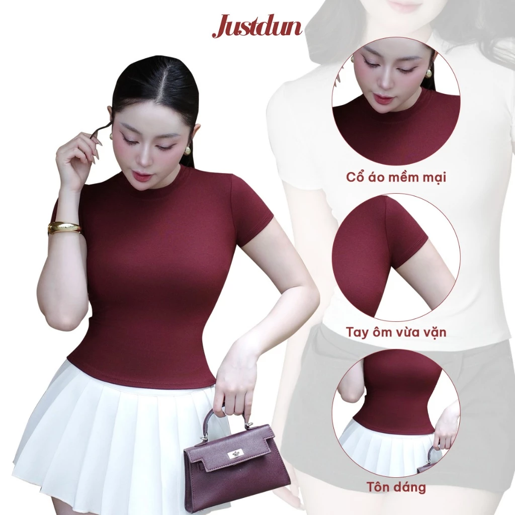 Áo Thun Nữ Ôm Body JUSTDUN B18 Cổ Tròn Tay Ngắn, Cotton Mịn Co Giãn 4 Chiều, Mềm Mại Thoáng Khí