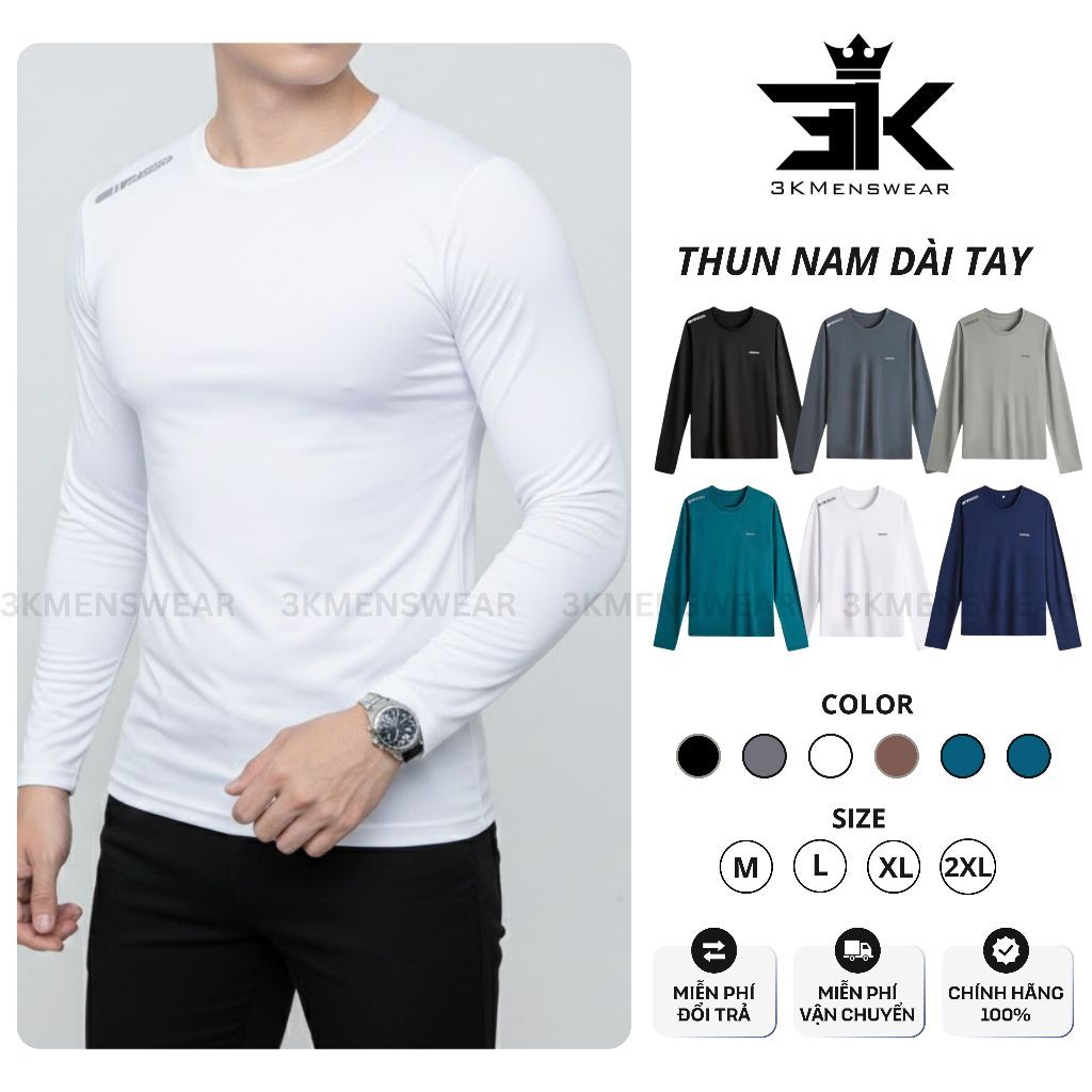 Áo Thun Nam Dài Tay, Áo Giữ Nhiệt 3KMEN Thun Lạnh 4 Chiều Co Giãn Logo In Nhiệt Form 50-85kg
