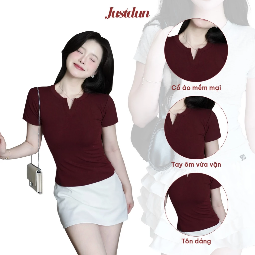 Áo Thun Nữ Ôm Body JUSTDUN E44 – Cổ Trụ Tàu Tay Ngắn, Vải Cotton Mềm Mịn Co Giãn 4 Chiều, Thoáng Mát