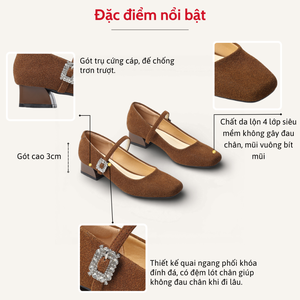 Giày Mary Jane Nữ Cao Gót 3cm Đế Vuông Quai Ngang Đính Đá Pixie H434