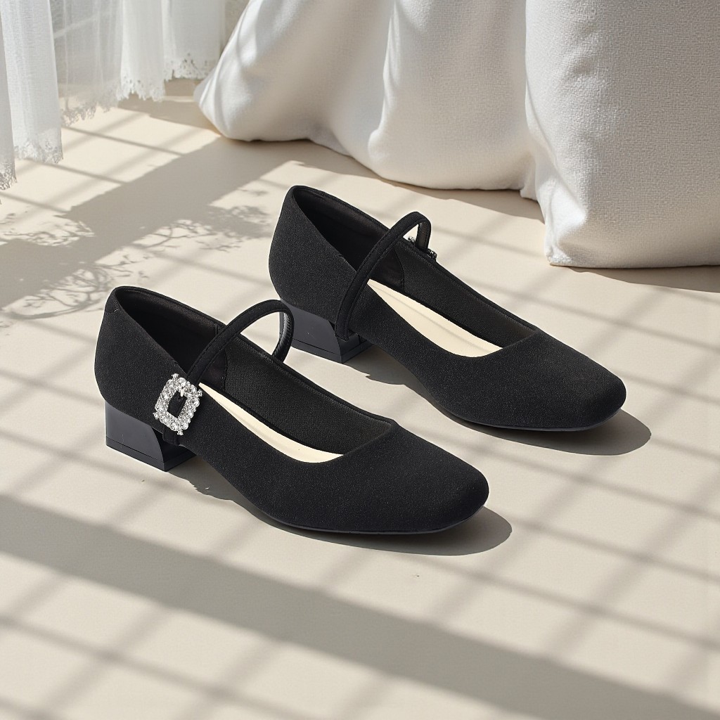 Giày Mary Jane Nữ Cao Gót 3cm Đế Vuông Quai Ngang Đính Đá Pixie H434