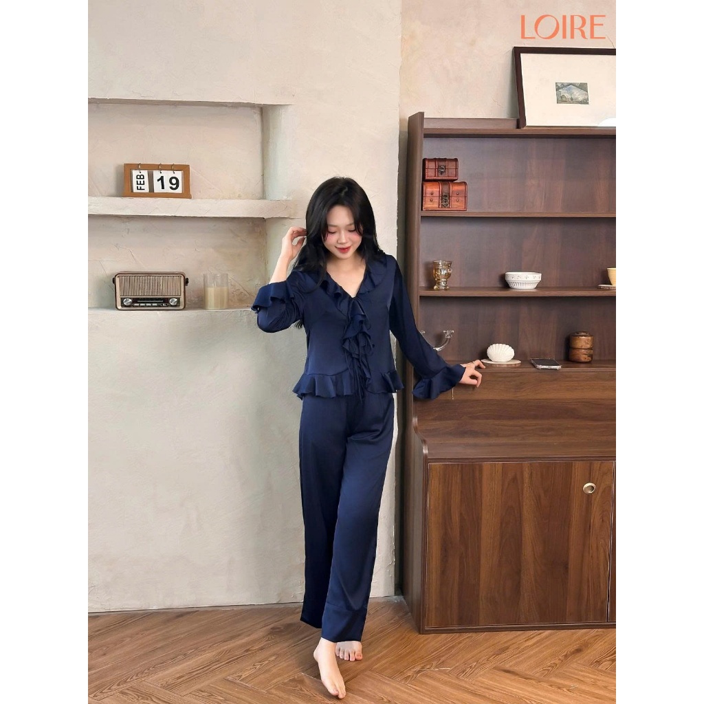 [AN ÊM]Bộ Mặc Nhà Hải Đường Loire FDMN250331 Lụa Pháp Cao Cấp Set Dài Tay Phối Bèo Nhún Thắt Nơ