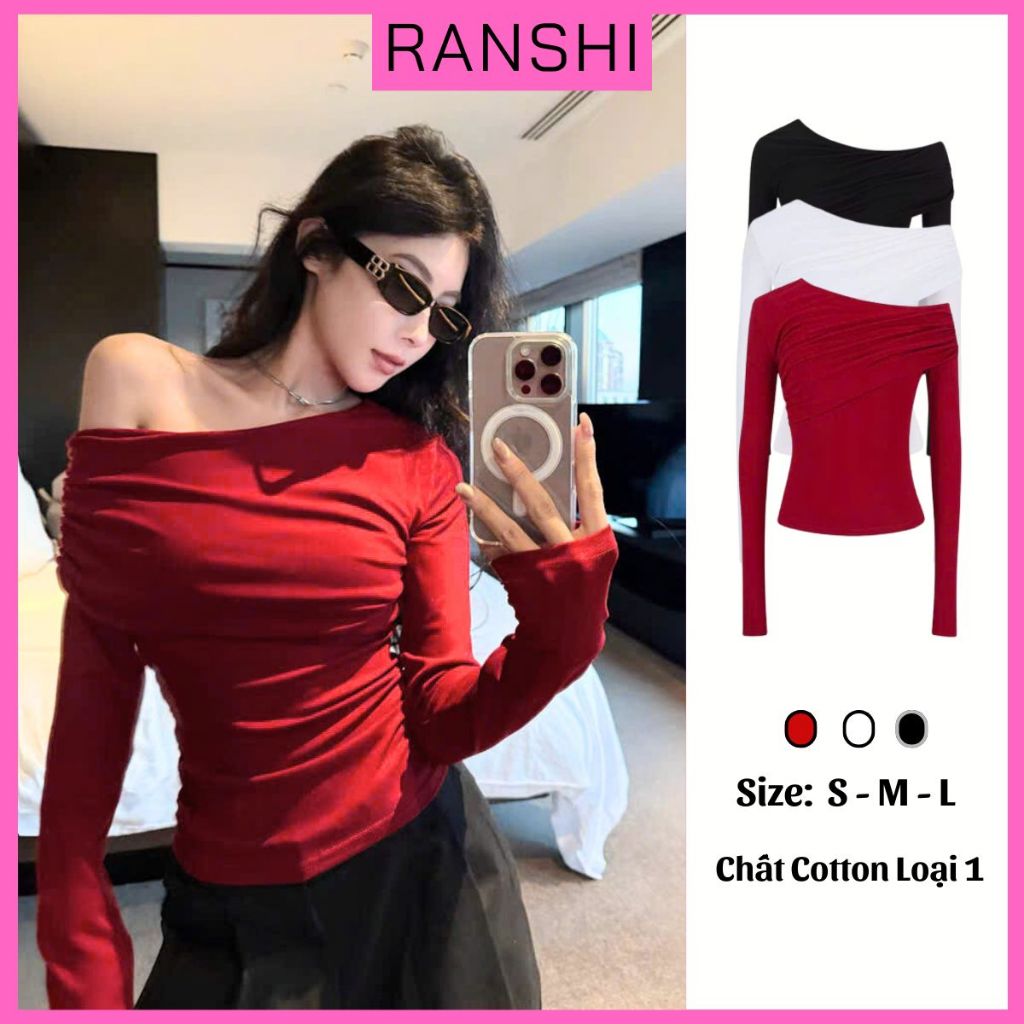 [COTTON LOẠI 1] Áo Thun Trễ Vai Dài Tay RANSHI Ôm Body Tôn Dáng Sexy Dễ Phối Đồ Chất Cotton Mềm Mát - RA351