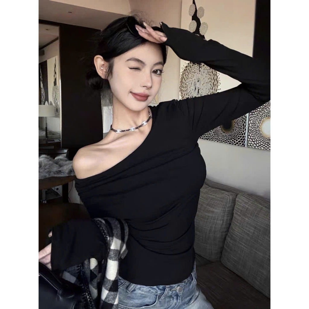 [COTTON LOẠI 1] Áo Thun Trễ Vai Dài Tay RANSHI Ôm Body Tôn Dáng Sexy Dễ Phối Đồ Chất Cotton Mềm Mát - RA351