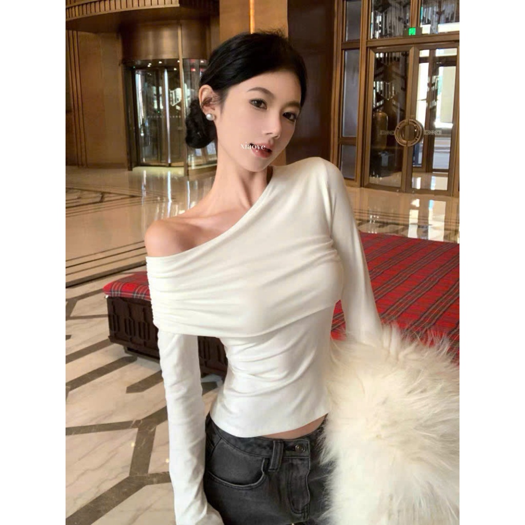 [COTTON LOẠI 1] Áo Thun Trễ Vai Dài Tay RANSHI Ôm Body Tôn Dáng Sexy Dễ Phối Đồ Chất Cotton Mềm Mát - RA351