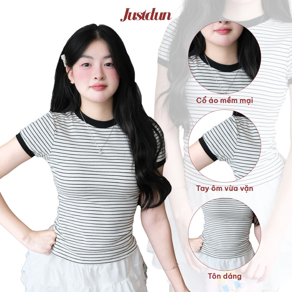 [Hàng Loại 1] Áo Thun Ôm Kẻ Sọc Nữ JUSTDUN K5 - Chất Cotton Mịn, Co Giãn, Tôn Dáng, Thoải Mái