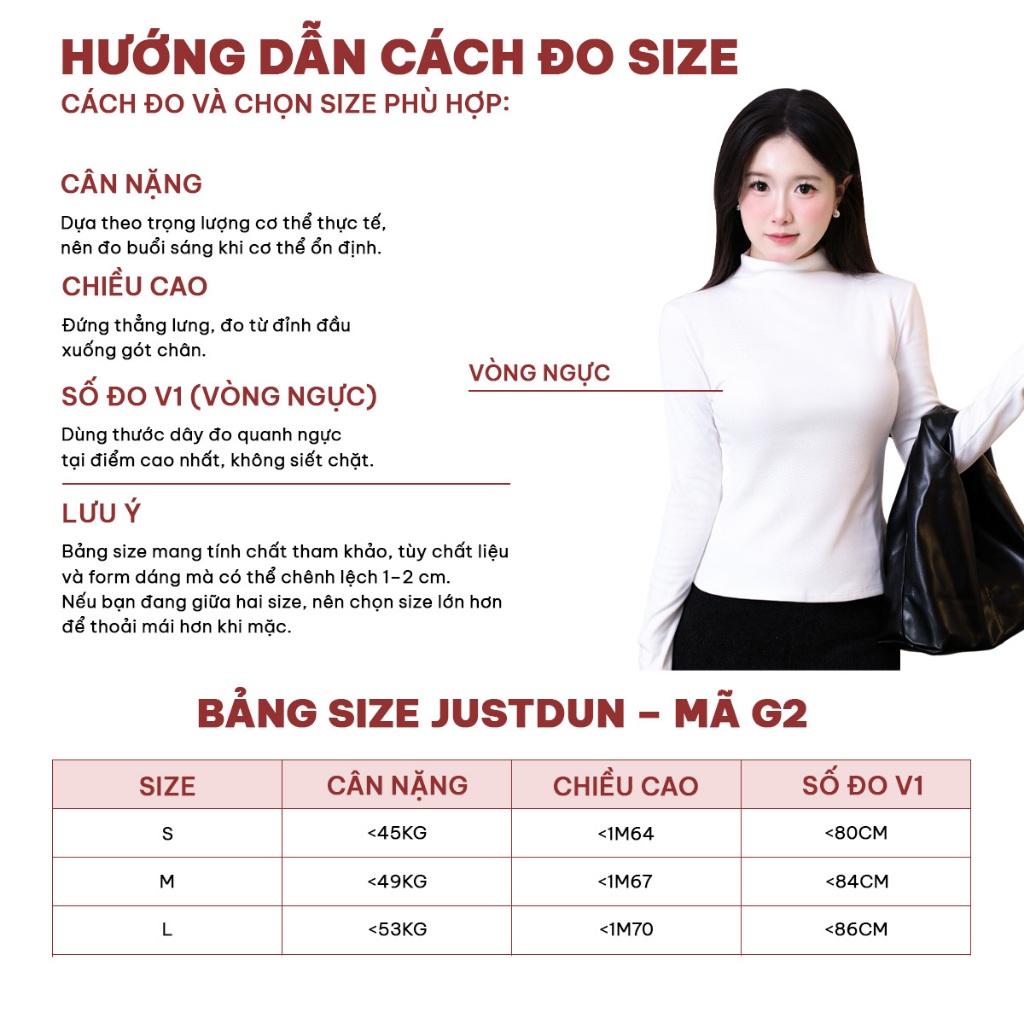 Áo Thun Ôm Body Nữ Giữ Nhiệt Tay Dài JUSTDUN G2 – Cổ Cao 3cm, Chất Nhung Mịn Dày Dặn, Co Giãn