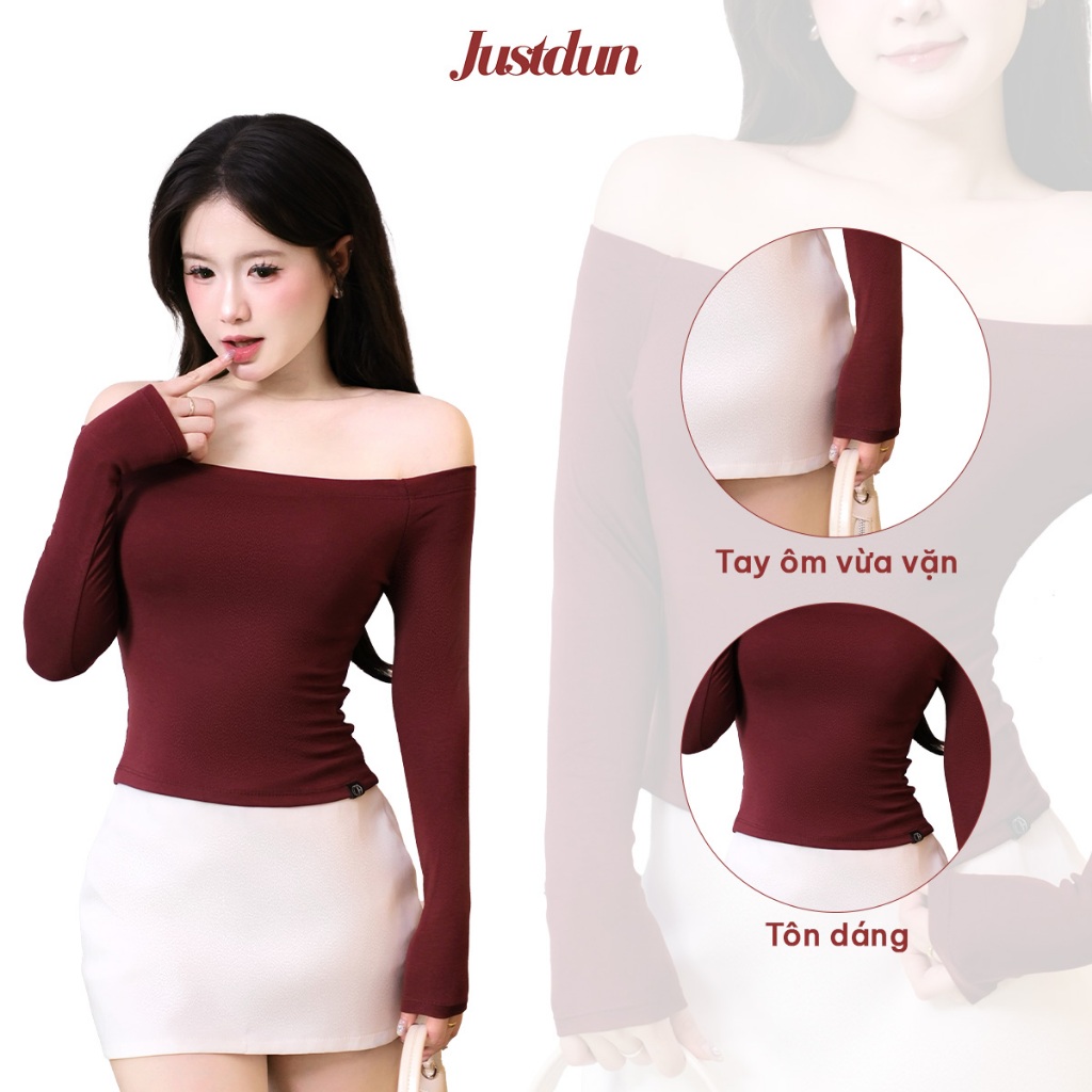 Áo Trễ Vai Tay Dài Nữ JUSTDUN D69 - Ôm Body, Basic, Cotton Mềm Mịn, Tôn Dáng, Thoáng Mát, Co Giãn