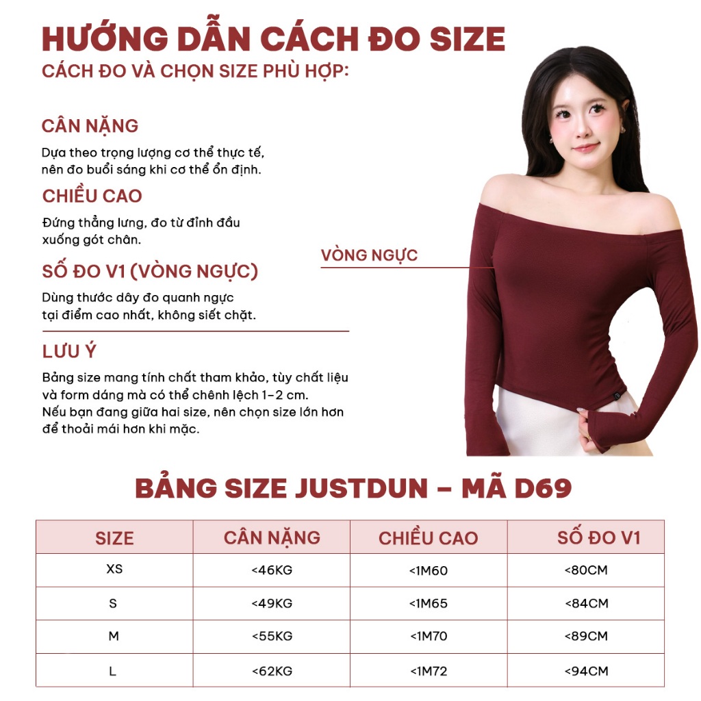 Áo Trễ Vai Tay Dài Nữ JUSTDUN D69 - Ôm Body, Basic, Cotton Mềm Mịn, Tôn Dáng, Thoáng Mát, Co Giãn