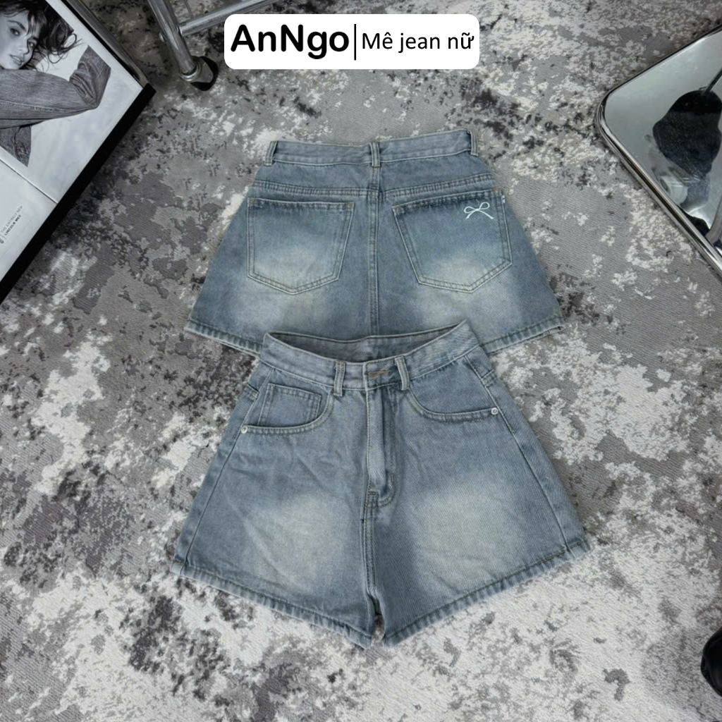 Quần short jean nữ ống rộng lưng cao, họa tiết thêu nơ dễ thương cá tính Anngo - AT530