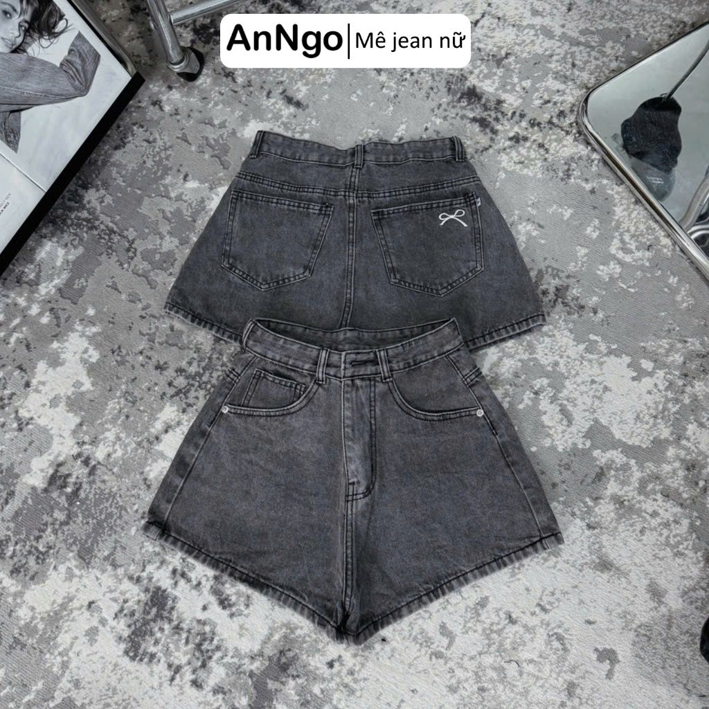 Quần short jean nữ ống rộng lưng cao, họa tiết thêu nơ dễ thương cá tính Anngo - AT530