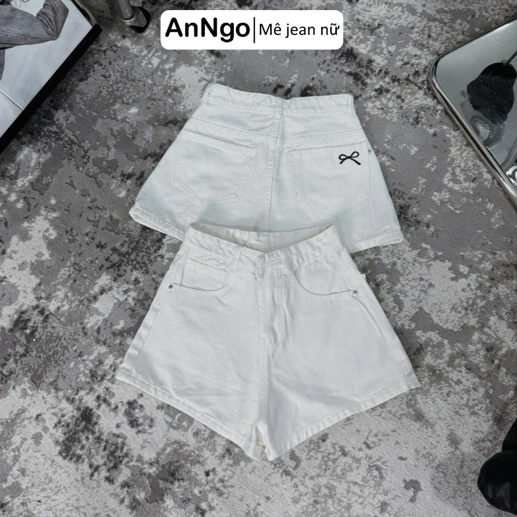 Quần short jean nữ ống rộng lưng cao, họa tiết thêu nơ dễ thương cá tính Anngo - AT530