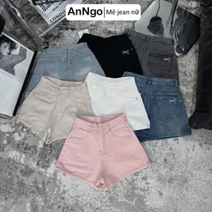 Quần short jean nữ ống rộng lưng cao, họa tiết thêu nơ dễ thương cá tính Anngo - AT530