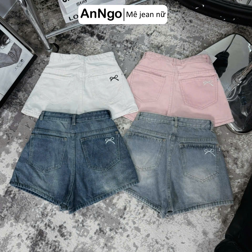 Quần short jean nữ ống rộng lưng cao, họa tiết thêu nơ dễ thương cá tính Anngo - AT530