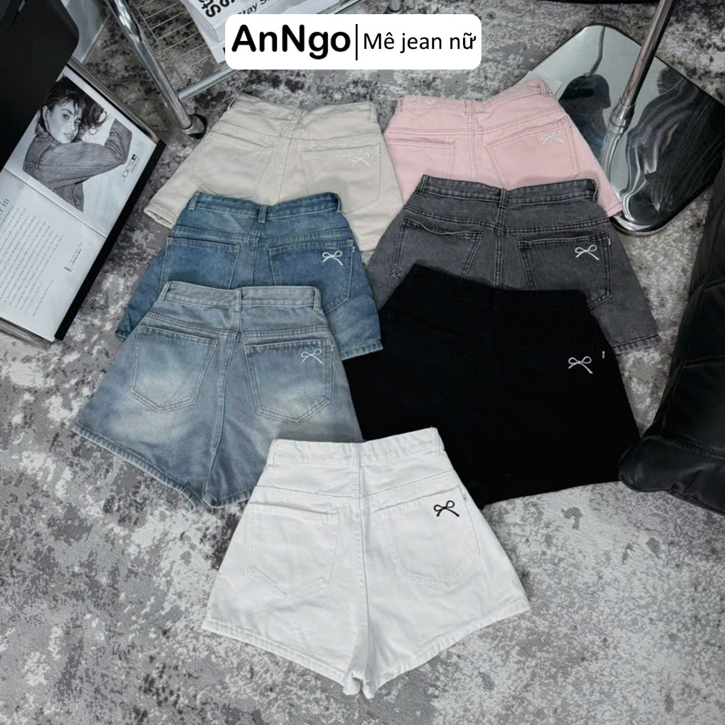 Quần short jean nữ ống rộng lưng cao, họa tiết thêu nơ dễ thương cá tính Anngo - AT530