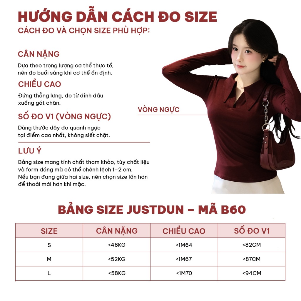 Áo Thun Polo Cổ Sơ Mi Ôm Body Nữ JUSTDUN B60 - Dài Tay, Cotton Mịn, Mềm Mại, Co Giãn 4 Chiều