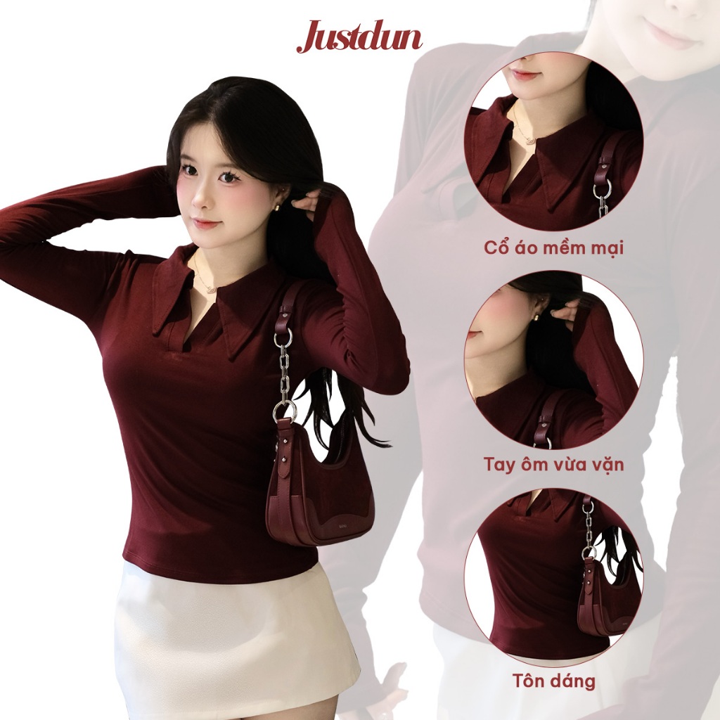 Áo Thun Polo Cổ Sơ Mi Ôm Body Nữ JUSTDUN B60 - Dài Tay, Cotton Mịn, Mềm Mại, Co Giãn 4 Chiều