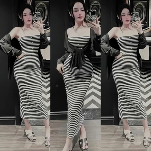 Đầm Maxi Sọc Đen Trắng Ôm Body Chuẩn Form Tôn Dáng Phối Áo Khoác Mỏng Thời Trang