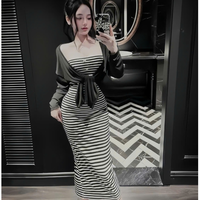 Đầm Maxi Sọc Đen Trắng Ôm Body Chuẩn Form Tôn Dáng Phối Áo Khoác Mỏng Thời Trang