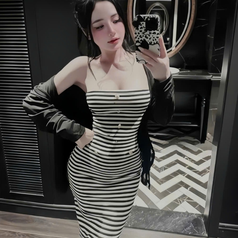 Đầm Maxi Sọc Đen Trắng Ôm Body Chuẩn Form Tôn Dáng Phối Áo Khoác Mỏng Thời Trang