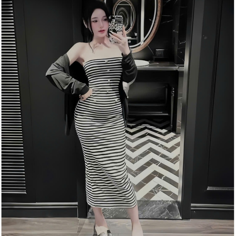 Đầm Maxi Sọc Đen Trắng Ôm Body Chuẩn Form Tôn Dáng Phối Áo Khoác Mỏng Thời Trang