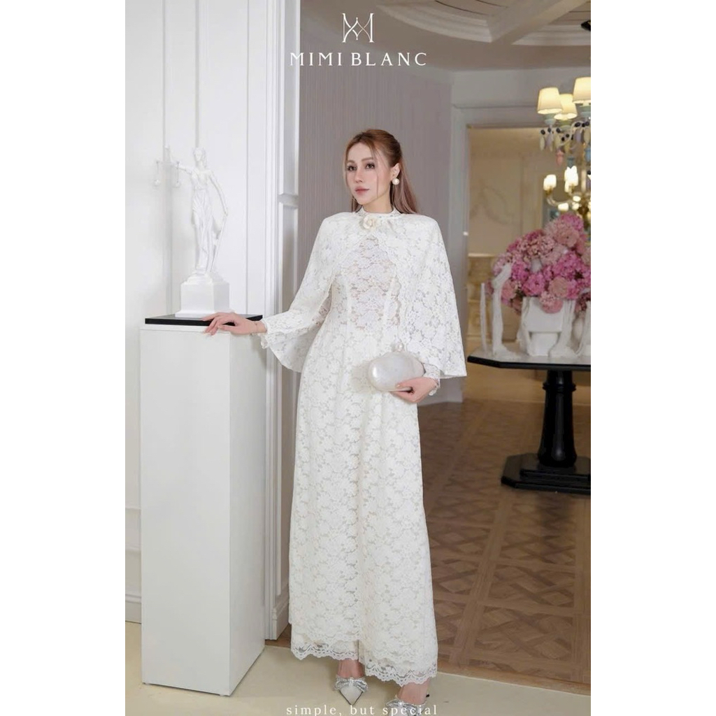 Áo dài ren kèm choàng hoa trà Mimi Blanc