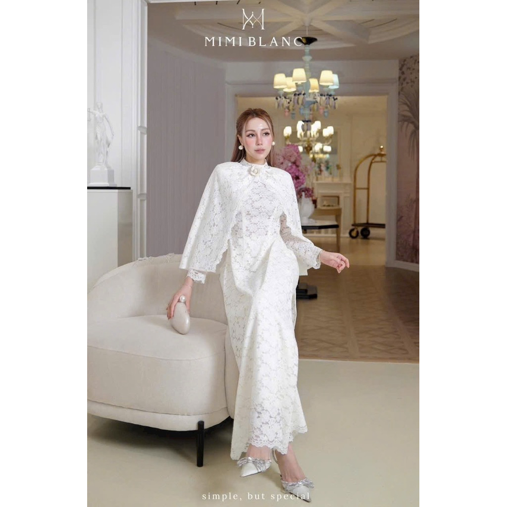 Áo dài ren kèm choàng hoa trà Mimi Blanc