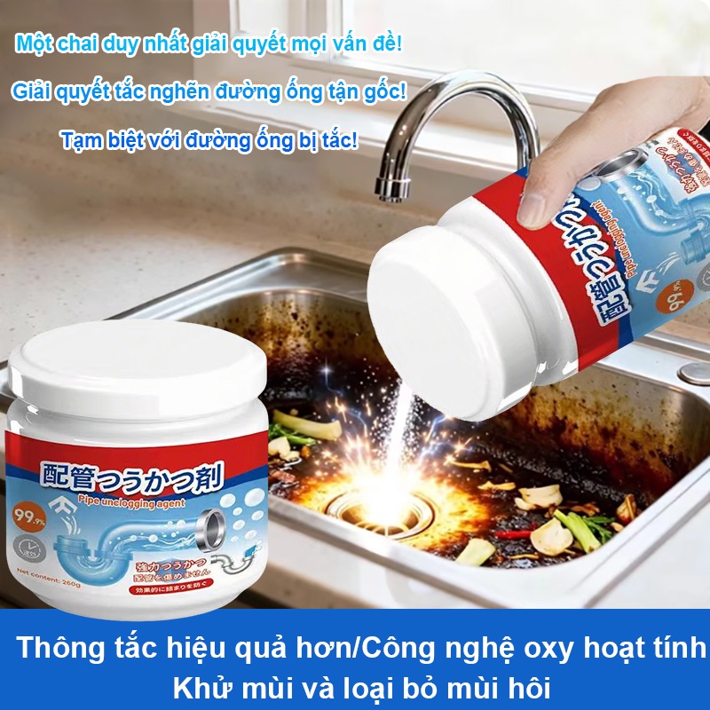Chất tẩy rửa đường ống mạnh mẽ này khử mùi hôi, làm sạch bồn cầu, cống nhà bếp và bảo vệ đường ống. 260 gram