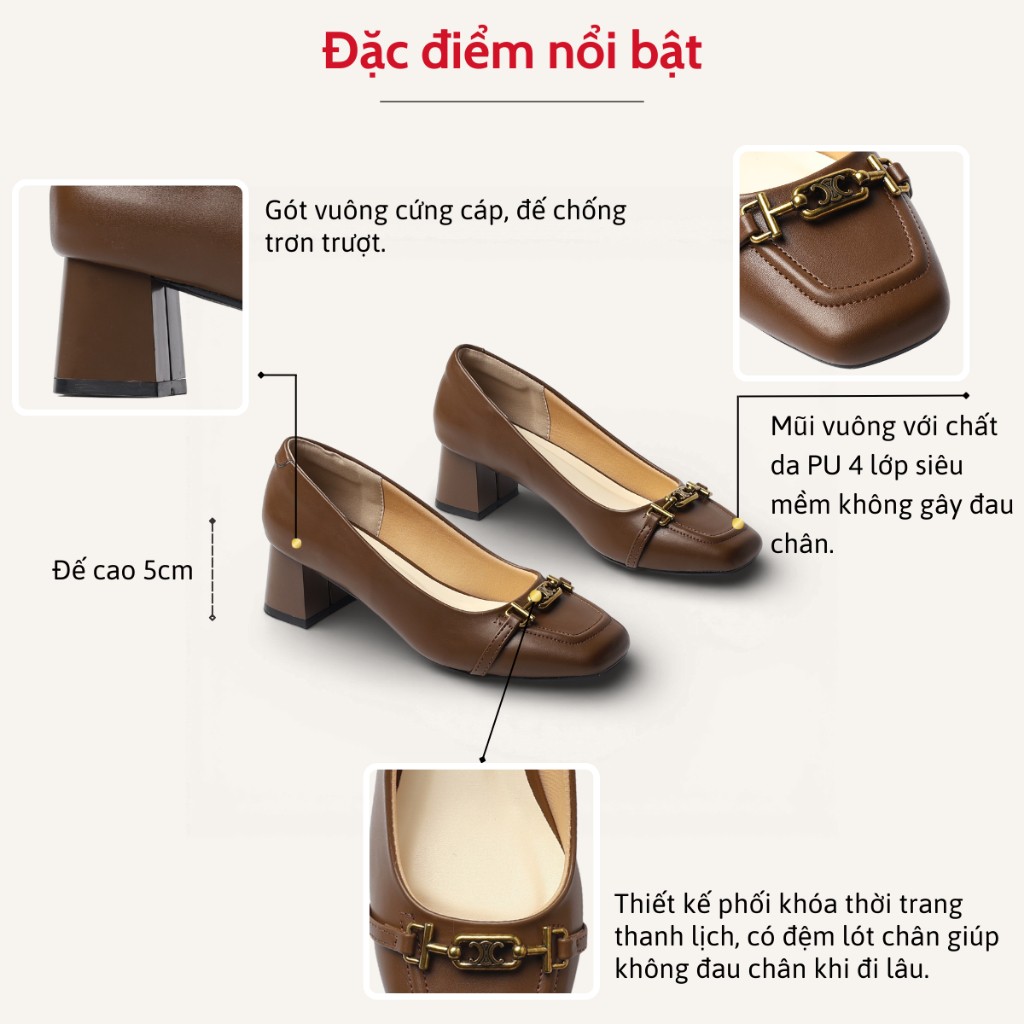 Giày Cao Gót Nữ 5cm Mũi Vuông Gắn Khóa Nhỏ Êm Chân Pixie H436