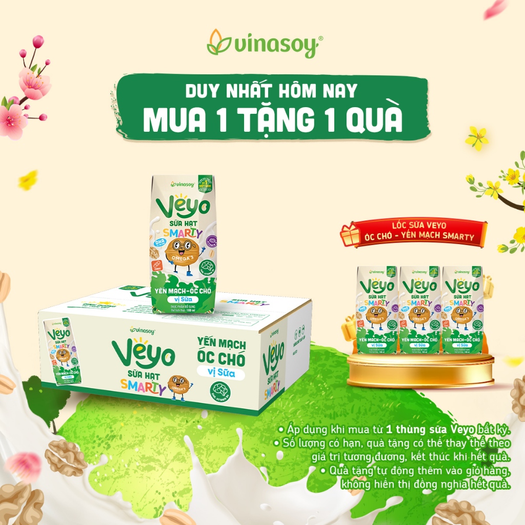 Thùng Veyo Sữa hạt SMARTY Yến mạch - Óc chó vị sữa (30 hộp x 180ml)