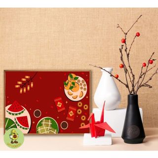 Tranh Canvas Treo Tường Chủ Đề Ngày Tết, Bánh Trưng, Pháo Tết, Cây Quất BH219 - Đồ Decor Tết Cho Quán Nước, Nhà Hàng