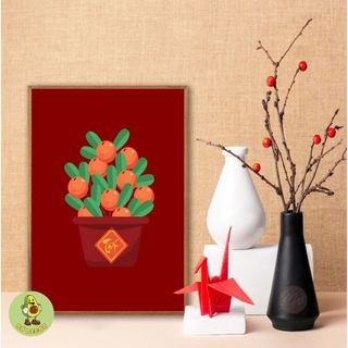 Tranh Canvas Treo Tường Chủ Đề Ngày Tết, Bánh Trưng, Pháo Tết, Cây Quất BH219 - Đồ Decor Tết Cho Quán Nước, Nhà Hàng
