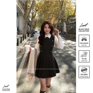 Set yếm nữ tiểu thư phối áo sơ mi tay phồng LUST Váy đầm nữ đính khuy kim loại dáng ngắn xếp ly O924