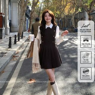 Set yếm nữ tiểu thư phối áo sơ mi tay phồng LUST Váy đầm nữ đính khuy kim loại dáng ngắn xếp ly O924