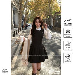 Set yếm nữ tiểu thư phối áo sơ mi tay phồng LUST Váy đầm nữ đính khuy kim loại dáng ngắn xếp ly O924