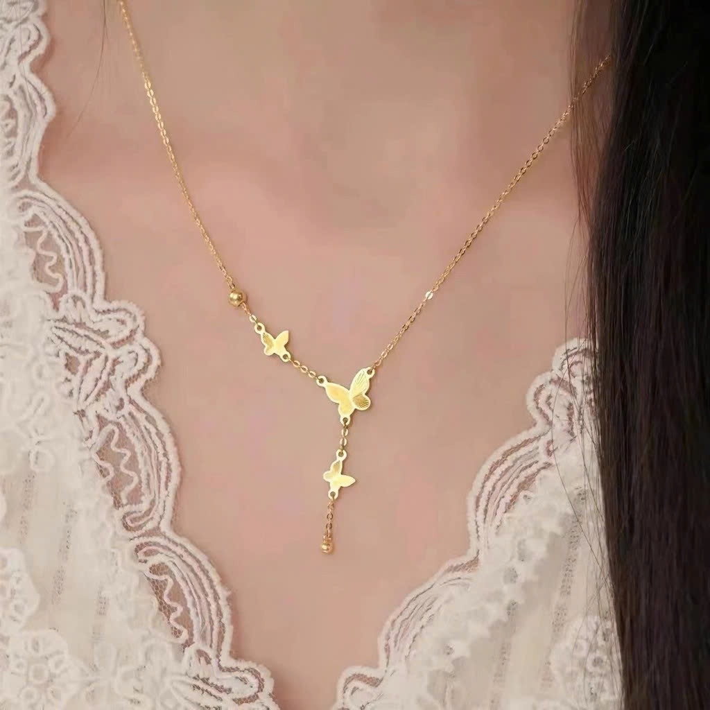 Dây Chuyền Phong Cách Mới Thép Titan Bướm Tua Rua, Vòng Cổ Nữ Mạ Vàng 18K Thép Không Gỉ Cao Cấp DC3