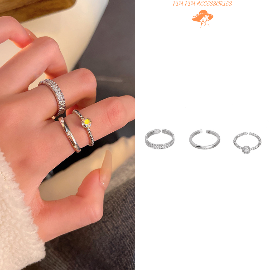 Set 3 Nhẫn Bạc Nữ Mở Size – Nhẫn Bi Tròn, Nhẫn Trơn Đính Đá, Phong Cách Hàn Quốc Tối Giản