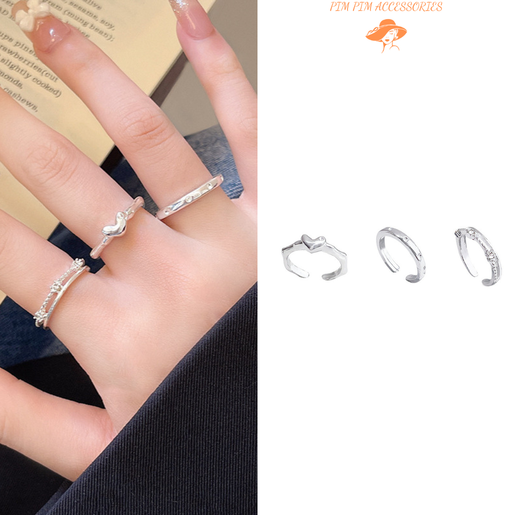 Set 3 Nhẫn Bạc Nữ Mở Size – Nhẫn Tim, Nhẫn Trơn Đính Đá, Phong Cách Hàn Quốc Thanh Lịch