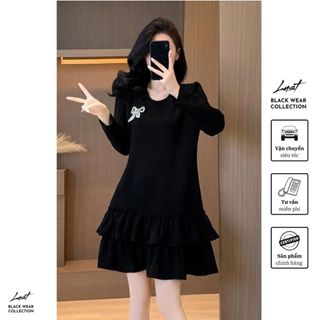 Đầm đen tay dài dáng xuông tay dài LUST Váy nữ xuông phối bèo tầng cực xinh chất umi cao cấp PTA06