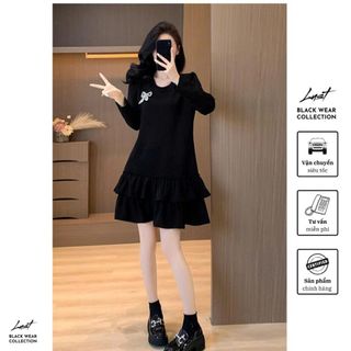 Đầm đen tay dài dáng xuông tay dài LUST Váy nữ xuông phối bèo tầng cực xinh chất umi cao cấp PTA06