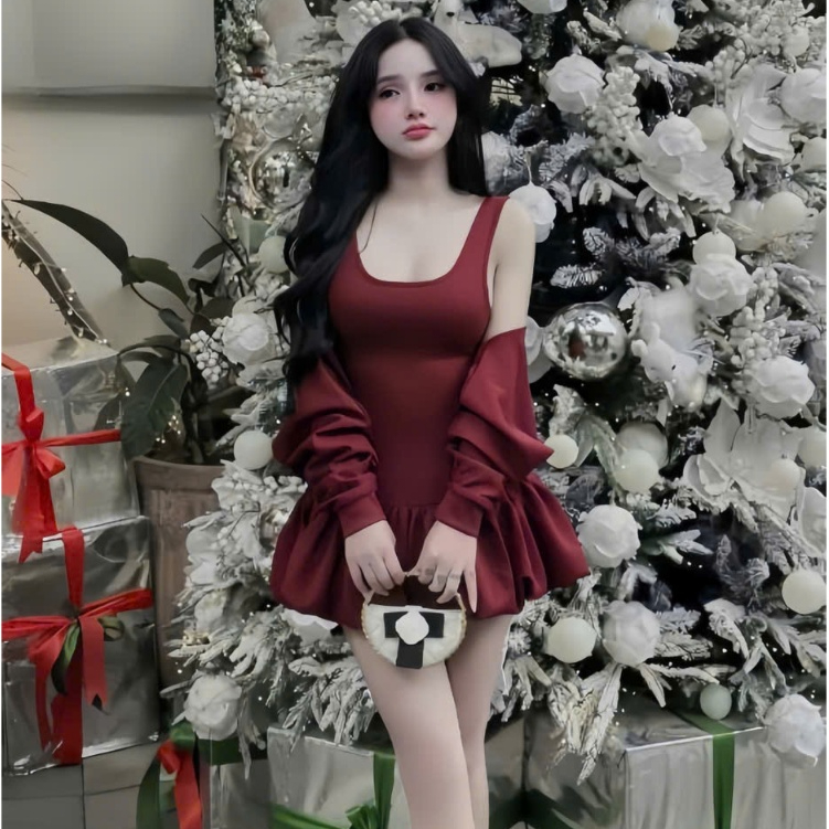 Sét đầm thun tăm 2 dây phối tùng bí cotton kèm khoác thiết kế trẻ trung thời trang
