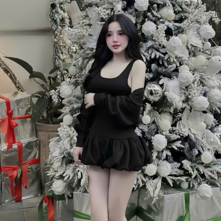 Sét đầm thun tăm 2 dây phối tùng bí cotton kèm khoác thiết kế trẻ trung thời trang