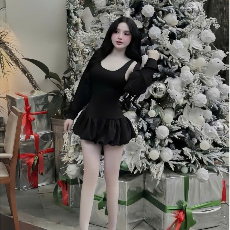 Sét đầm thun tăm 2 dây phối tùng bí cotton kèm khoác thiết kế trẻ trung thời trang