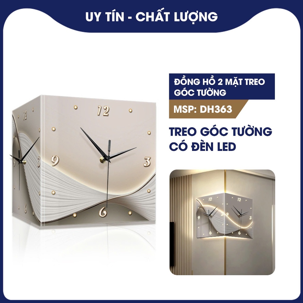 Đồng hồ 2 mặt treo góc tường phòng khách có đèn led, đồng hồ treo tường ...