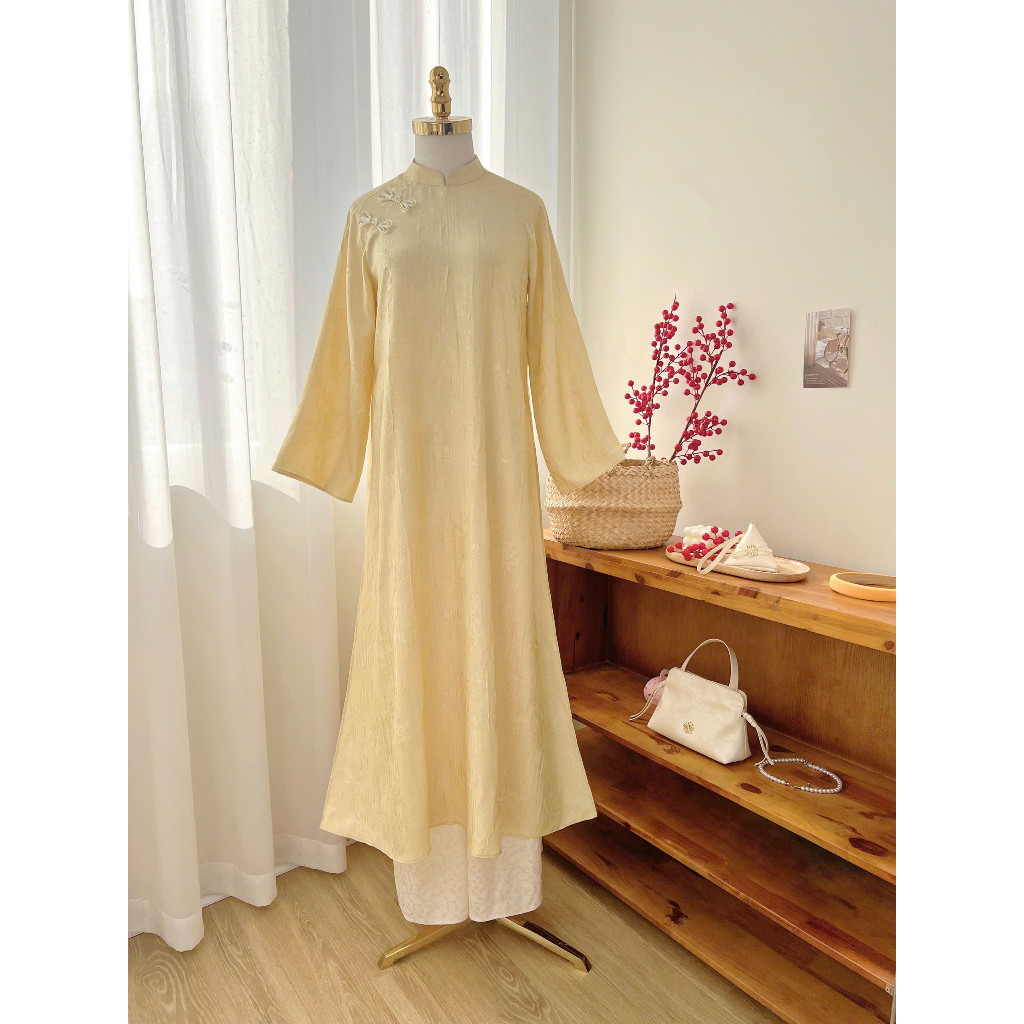 [Kèm quần lụa + Khăn lụa] Áo dài thiết kế dáng suông Lam Nhã chất liệu gấm, hoa văn dệt nổi 2 tà BST PHONG HOA BY L'AMME
