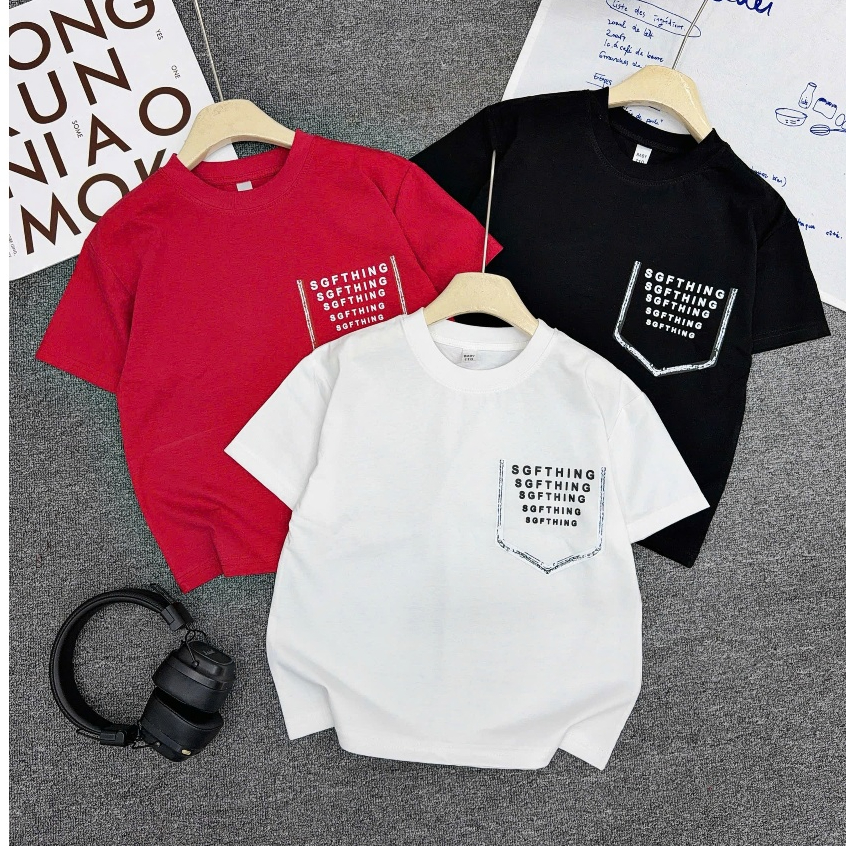 Áo Phông Cotton Cộc Tay cho bé Trai IN TÚI CHỮ, Chất Cotton Mềm Mịn, Thấm Hút Tốt, Dáng Basic, Size từ 17-60kg
