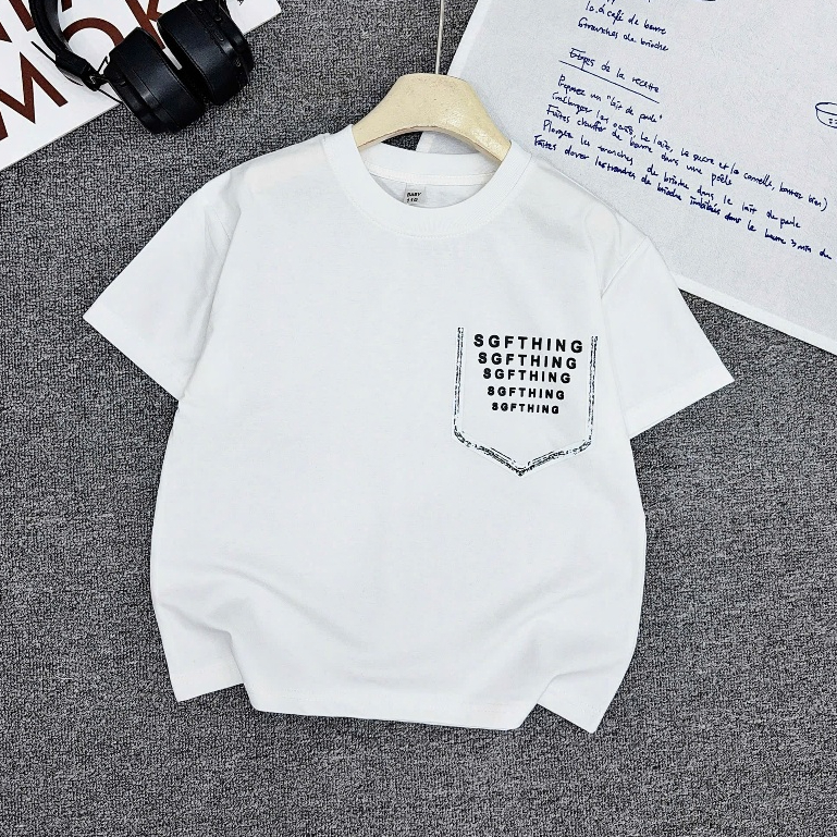 Áo Phông Cotton Cộc Tay cho bé Trai IN TÚI CHỮ, Chất Cotton Mềm Mịn, Thấm Hút Tốt, Dáng Basic, Size từ 17-60kg